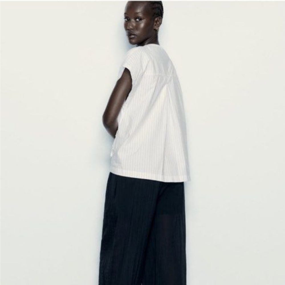 Zara NEW Cotton Poplin Stripe Side Button Vneck Tee Size Small Black/White - Picture 5 of 12